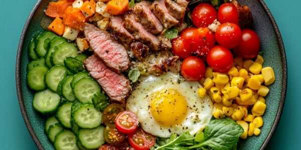 A colorful and healthy bowl of food.